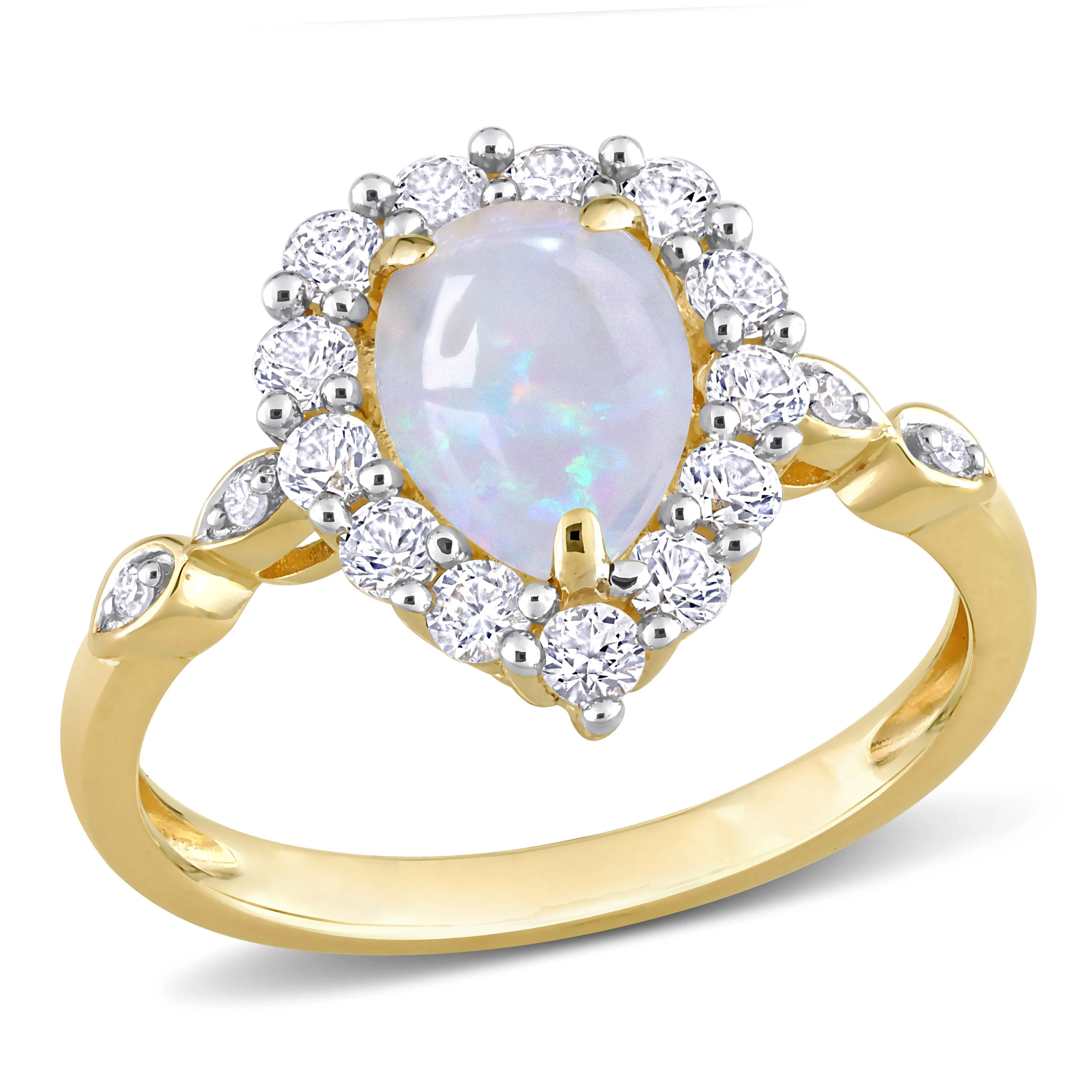 1 1/2 CT TGW Pear Shape Opal and Created White Sapphire and Diamond Accent Halo Ring in 10K Yellow Gold