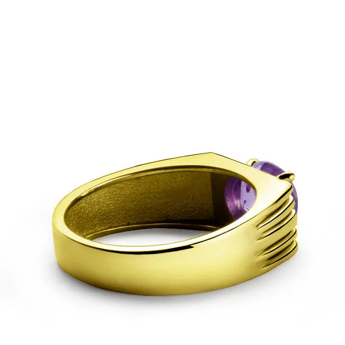 10k Yellow Solid Gold Men's Ring with Amethyst Gemstone and Natural Diamonds