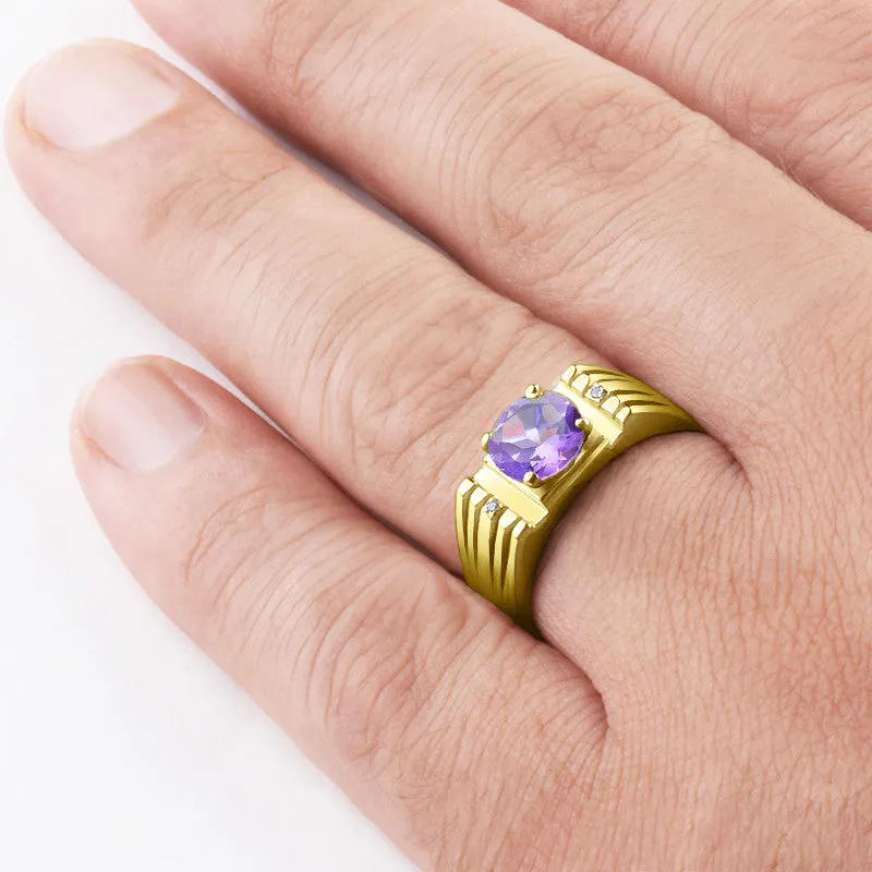 10k Yellow Solid Gold Men's Ring with Amethyst Gemstone and Natural Diamonds