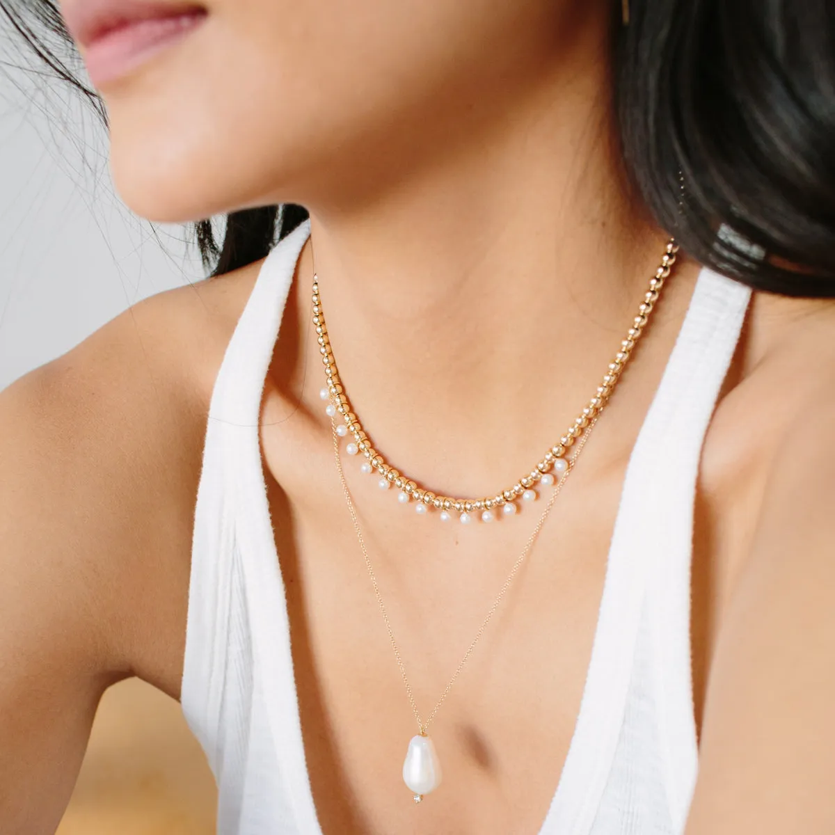 14k Baroque Pearl & Prong Diamond Necklace