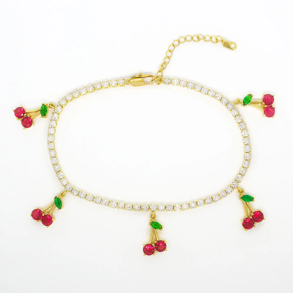 18K Diamond Cherry Tennis Anklet in Gold