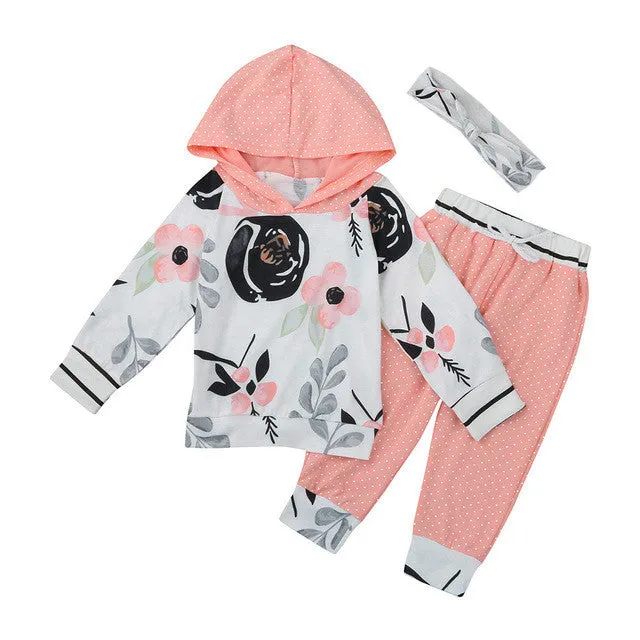 3 Piece Floral Baby Girl Hooded T-shirt, Pants, and Headband Set