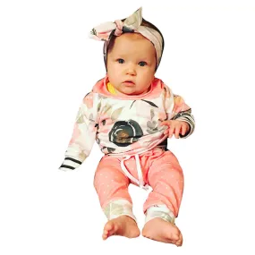 3 Piece Floral Baby Girl Hooded T-shirt, Pants, and Headband Set