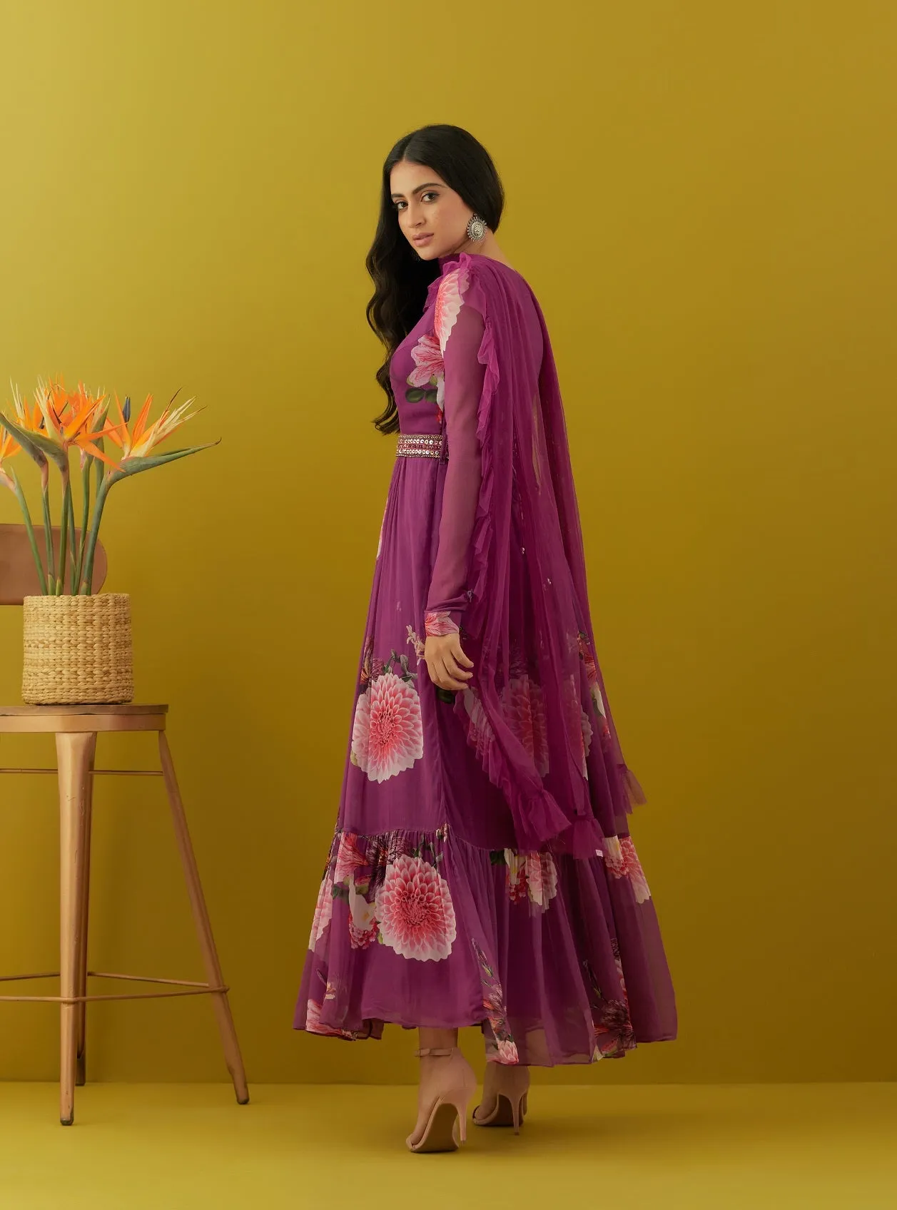 50Z613-RO Purple Floral Georgette Anarkali with Dupatta