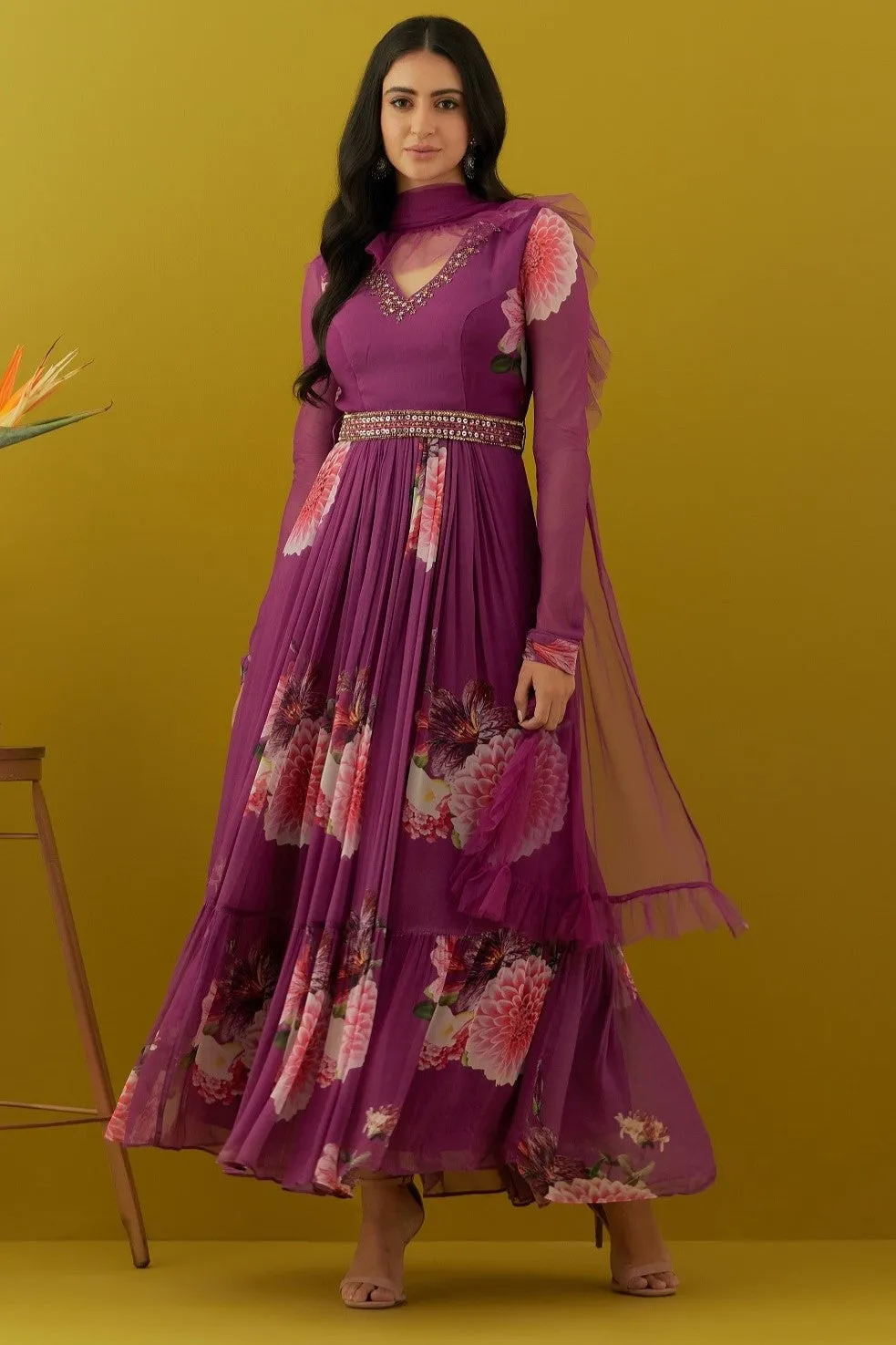 50Z613-RO Purple Floral Georgette Anarkali with Dupatta