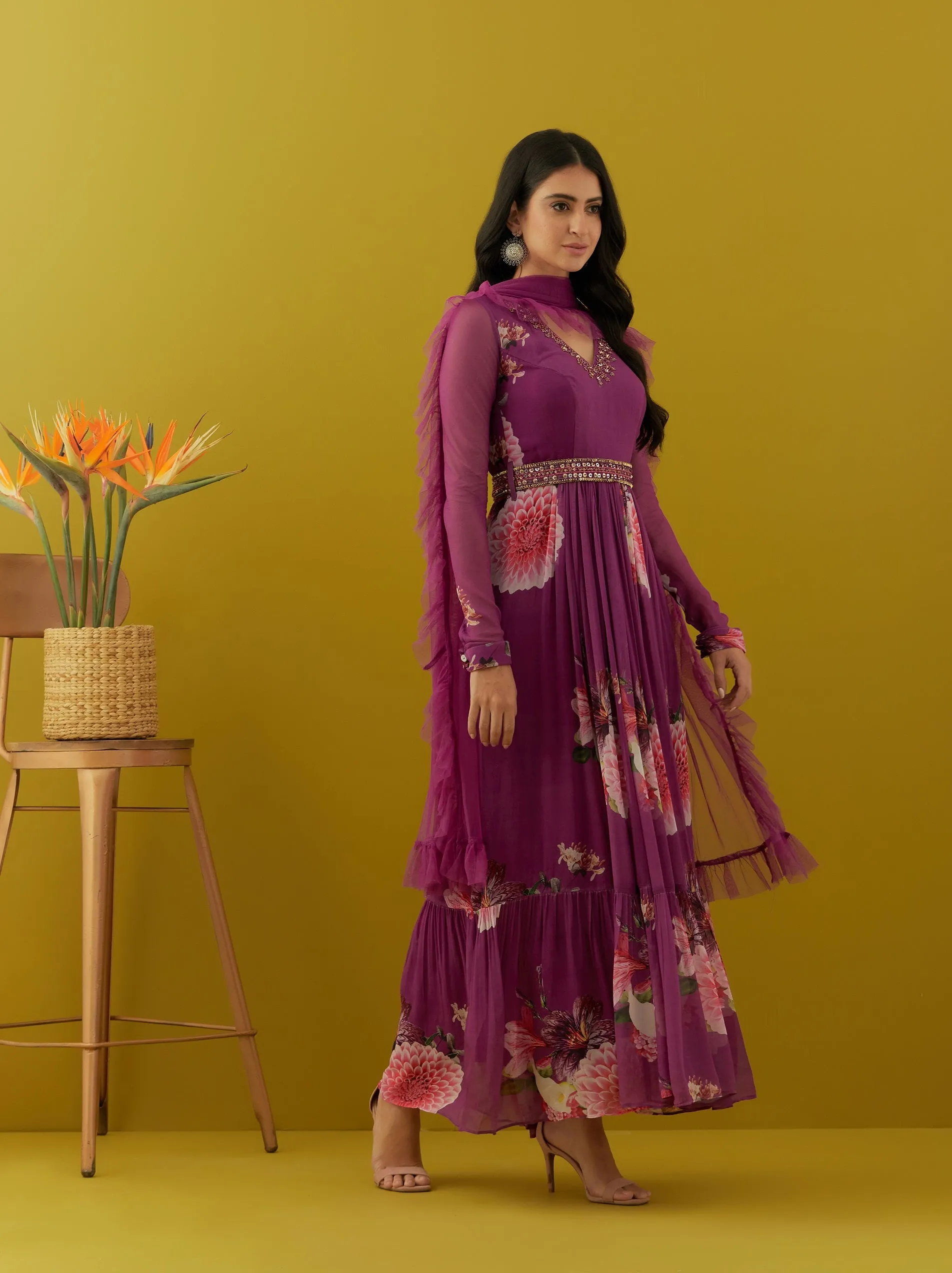 50Z613-RO Purple Floral Georgette Anarkali with Dupatta