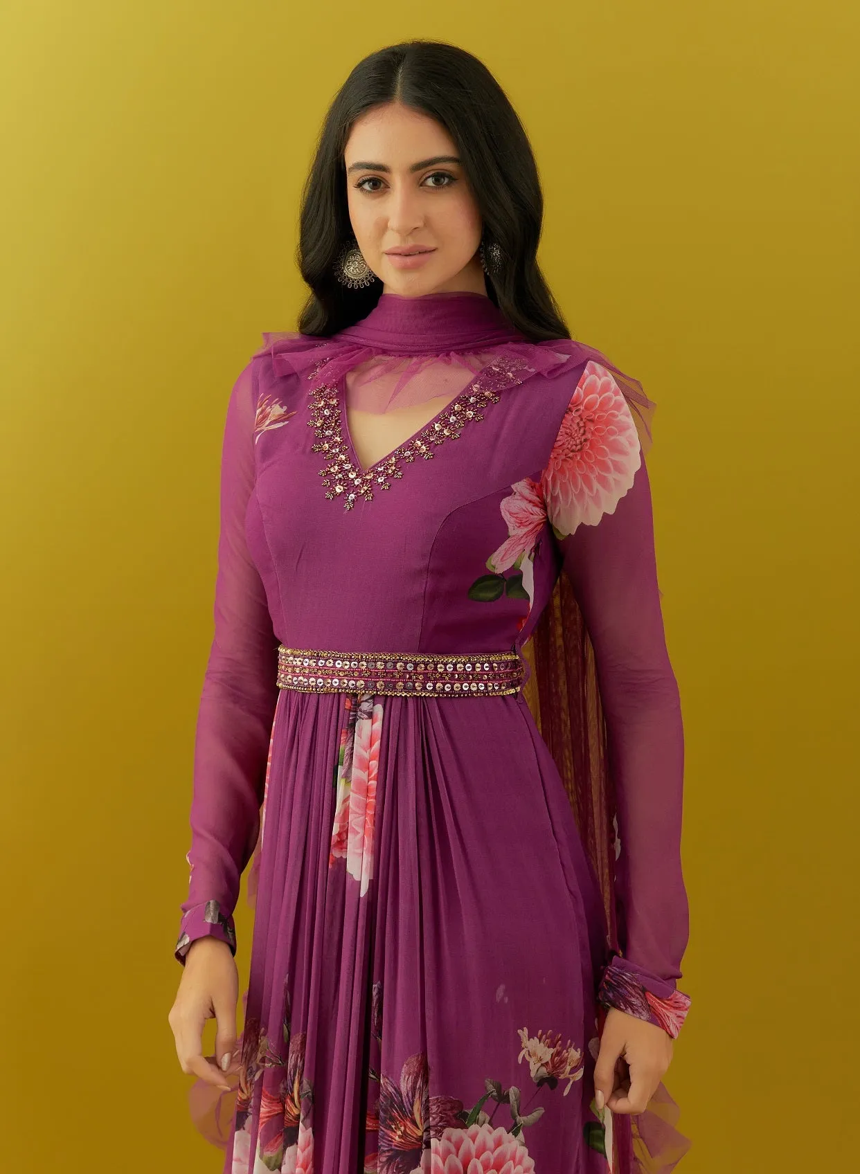 50Z613-RO Purple Floral Georgette Anarkali with Dupatta