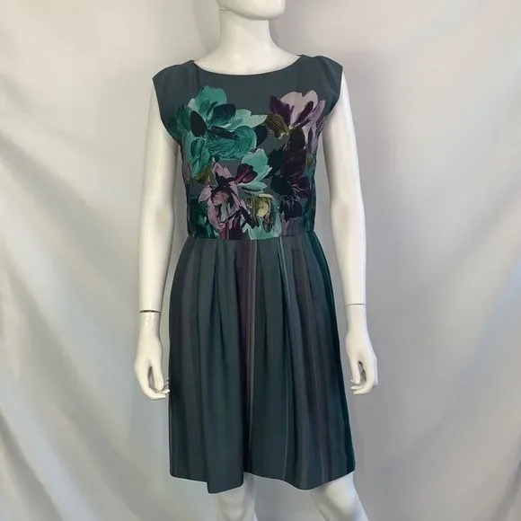 AlbertaFerretti gray silk floral print/pleated bottom dress