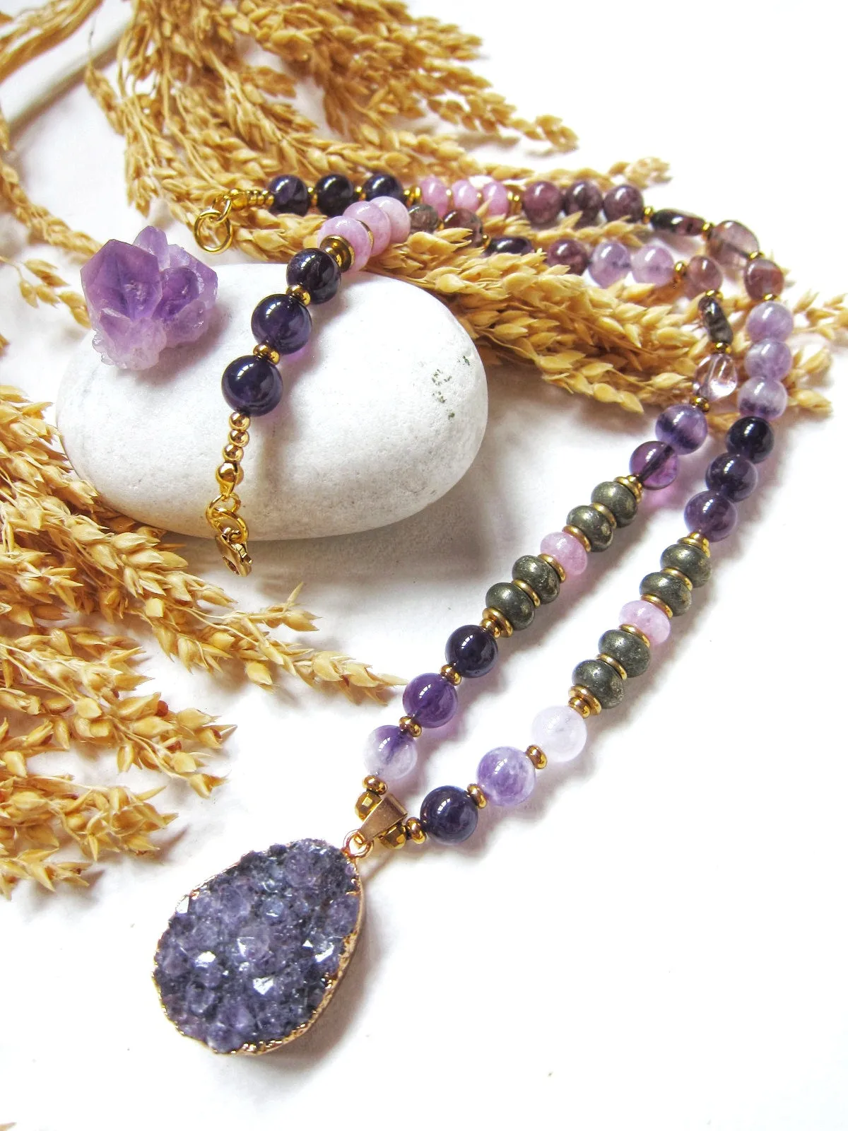 Amethyst, Kunzite, Purple Phantom Quartz in Raw Druzy Pendant Beaded Mala Necklace