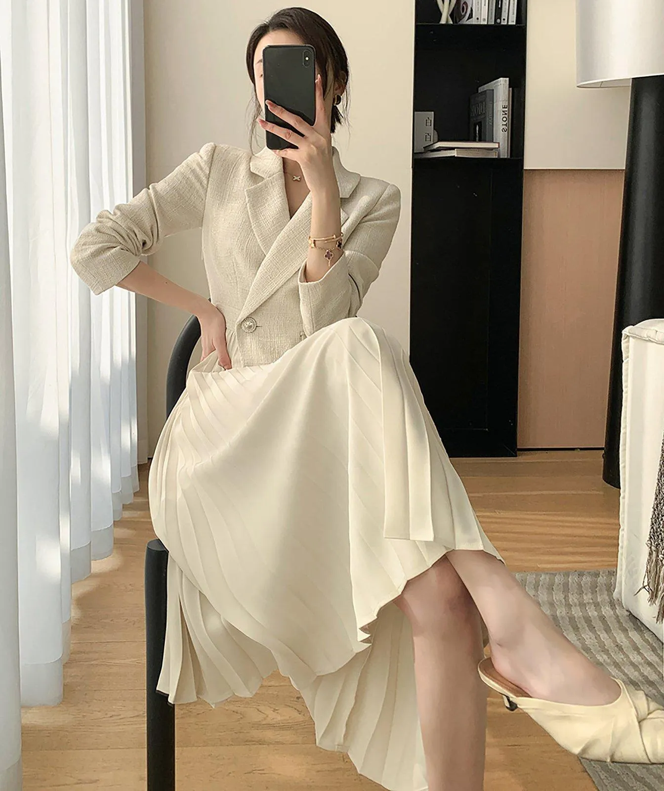 Beige Long Sleeve One Button Blazer Pleated Dress