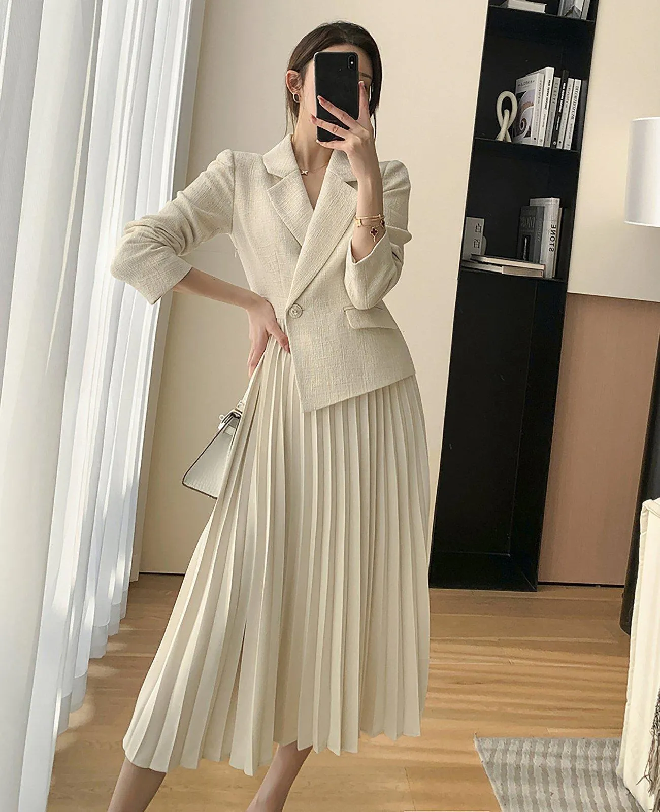 Beige Long Sleeve One Button Blazer Pleated Dress