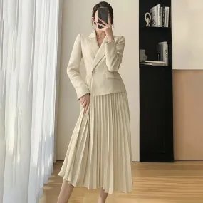 Beige Long Sleeve One Button Blazer Pleated Dress