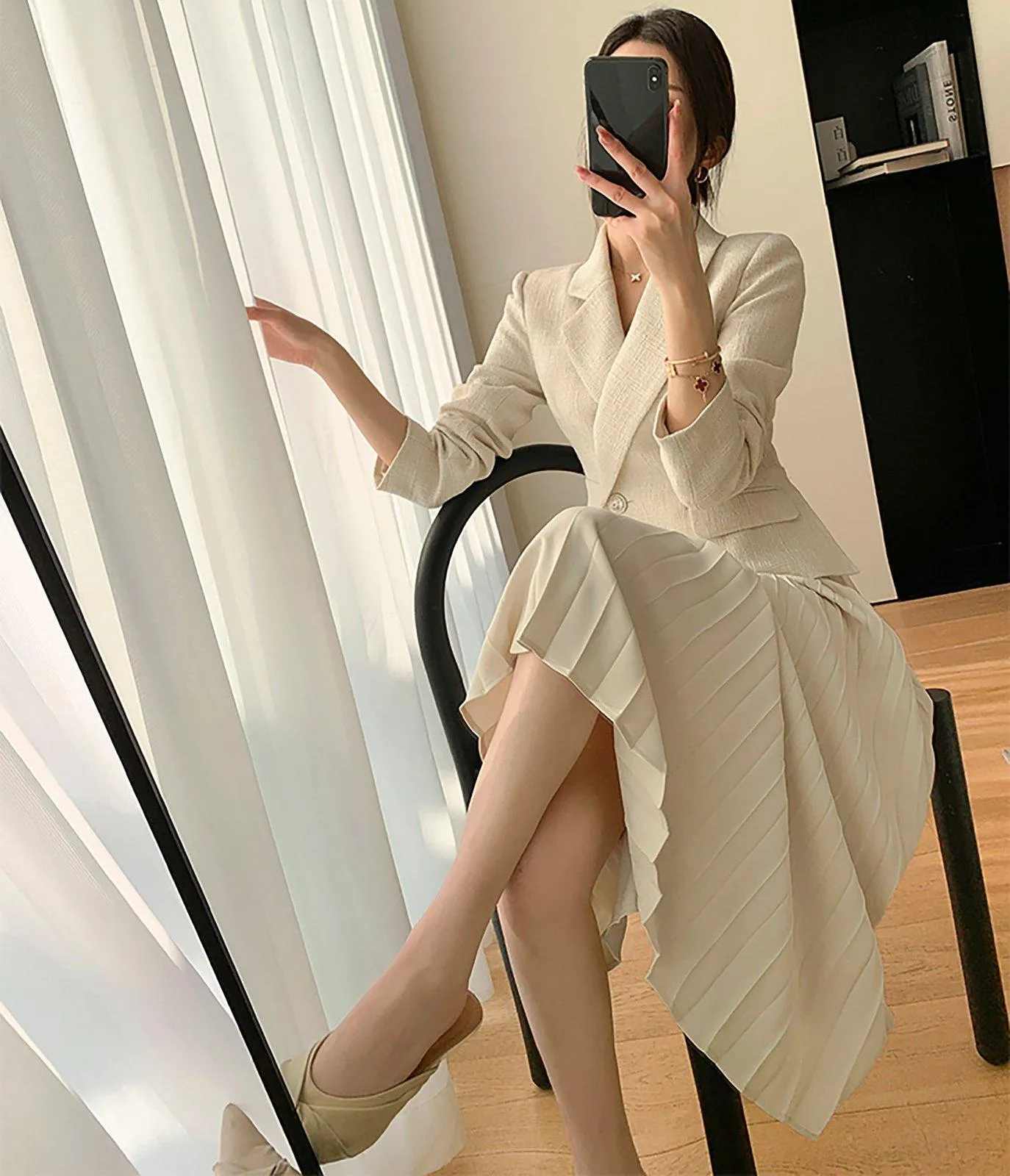 Beige Long Sleeve One Button Blazer Pleated Dress