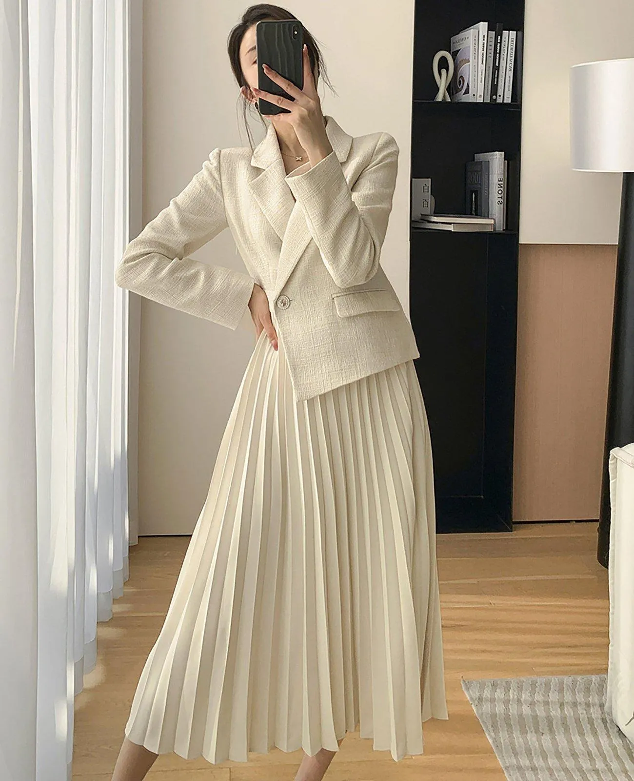 Beige Long Sleeve One Button Blazer Pleated Dress