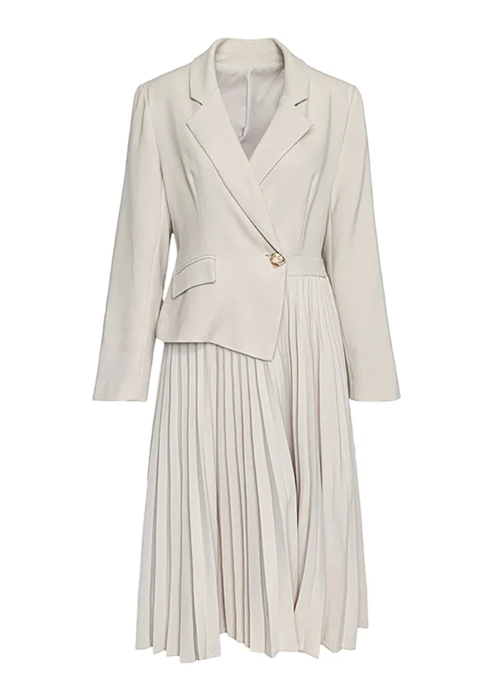 Beige Long Sleeve One Button Blazer Pleated Dress