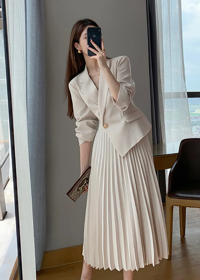 Beige Long Sleeve One Button Blazer Pleated Dress