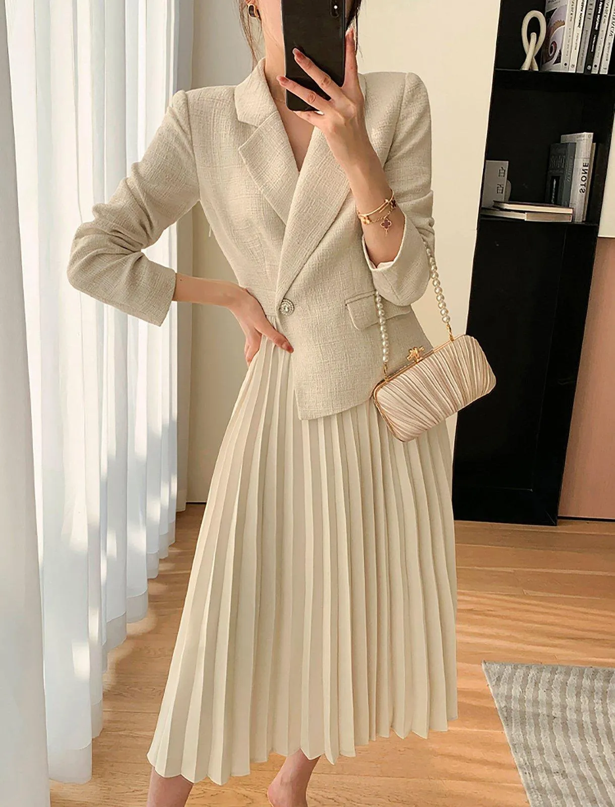 Beige Long Sleeve One Button Blazer Pleated Dress