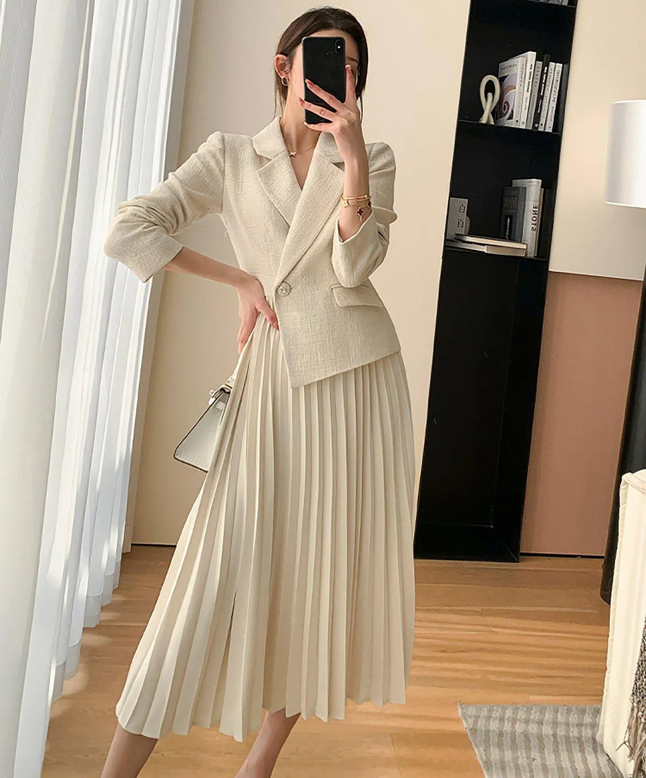 Beige Long Sleeve One Button Blazer Pleated Dress