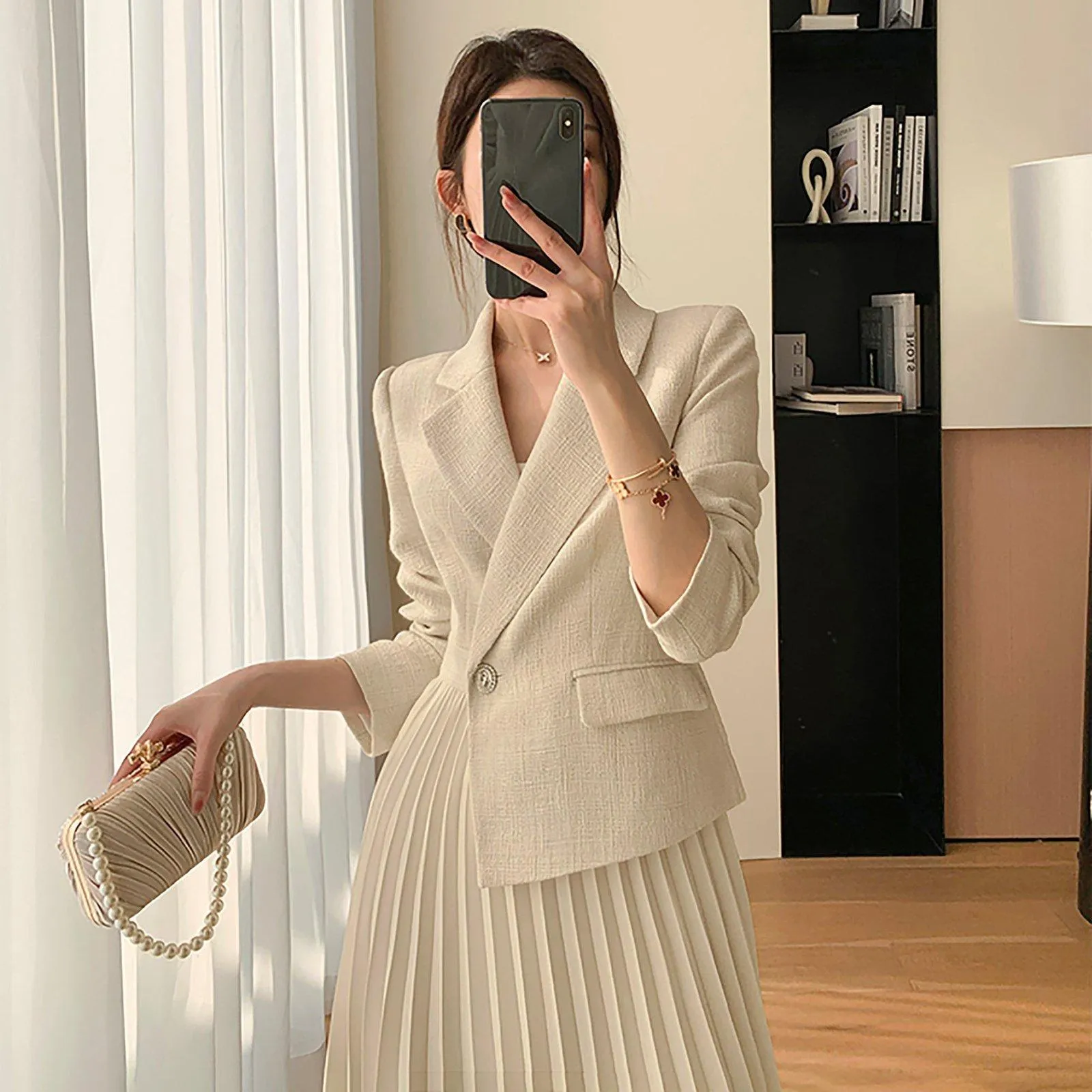 Beige Long Sleeve One Button Blazer Pleated Dress