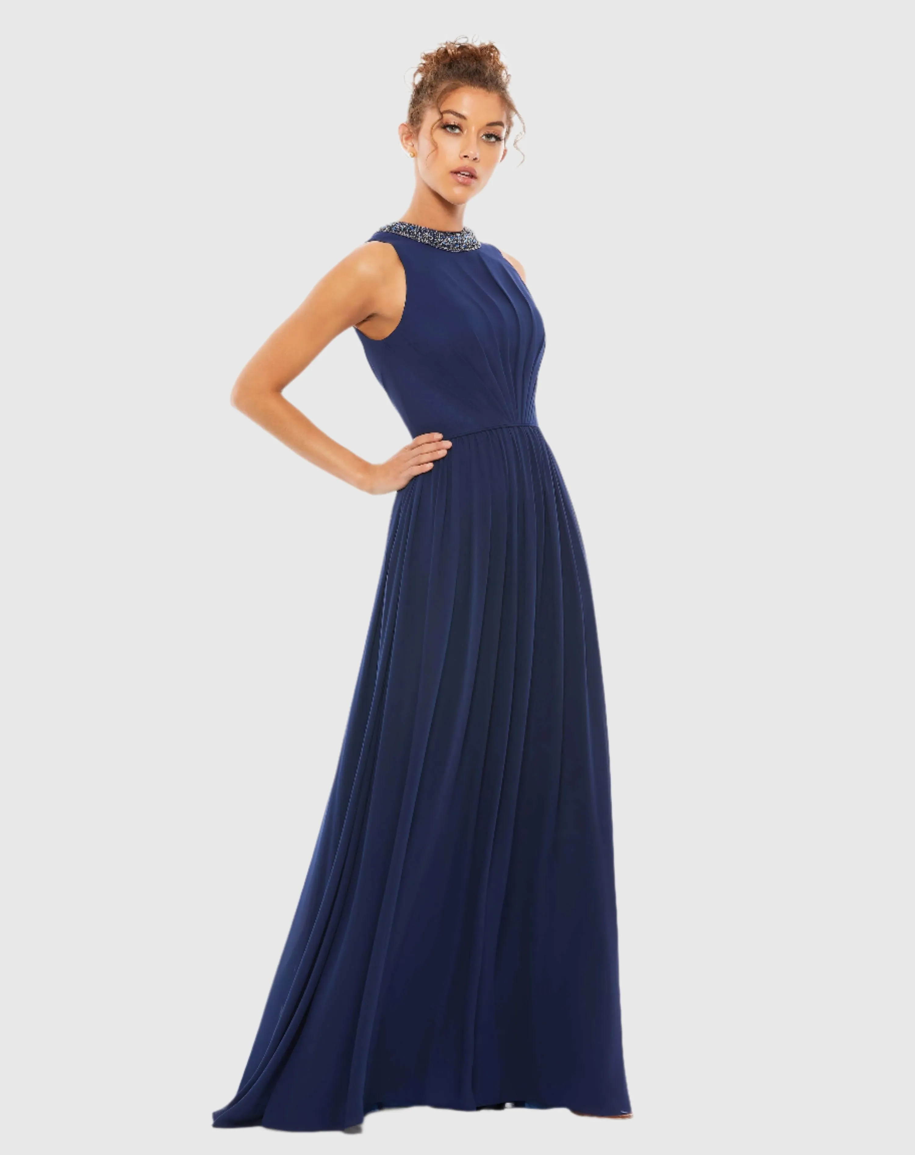 Bejeweled Neckline Pleated Chiffon Gown