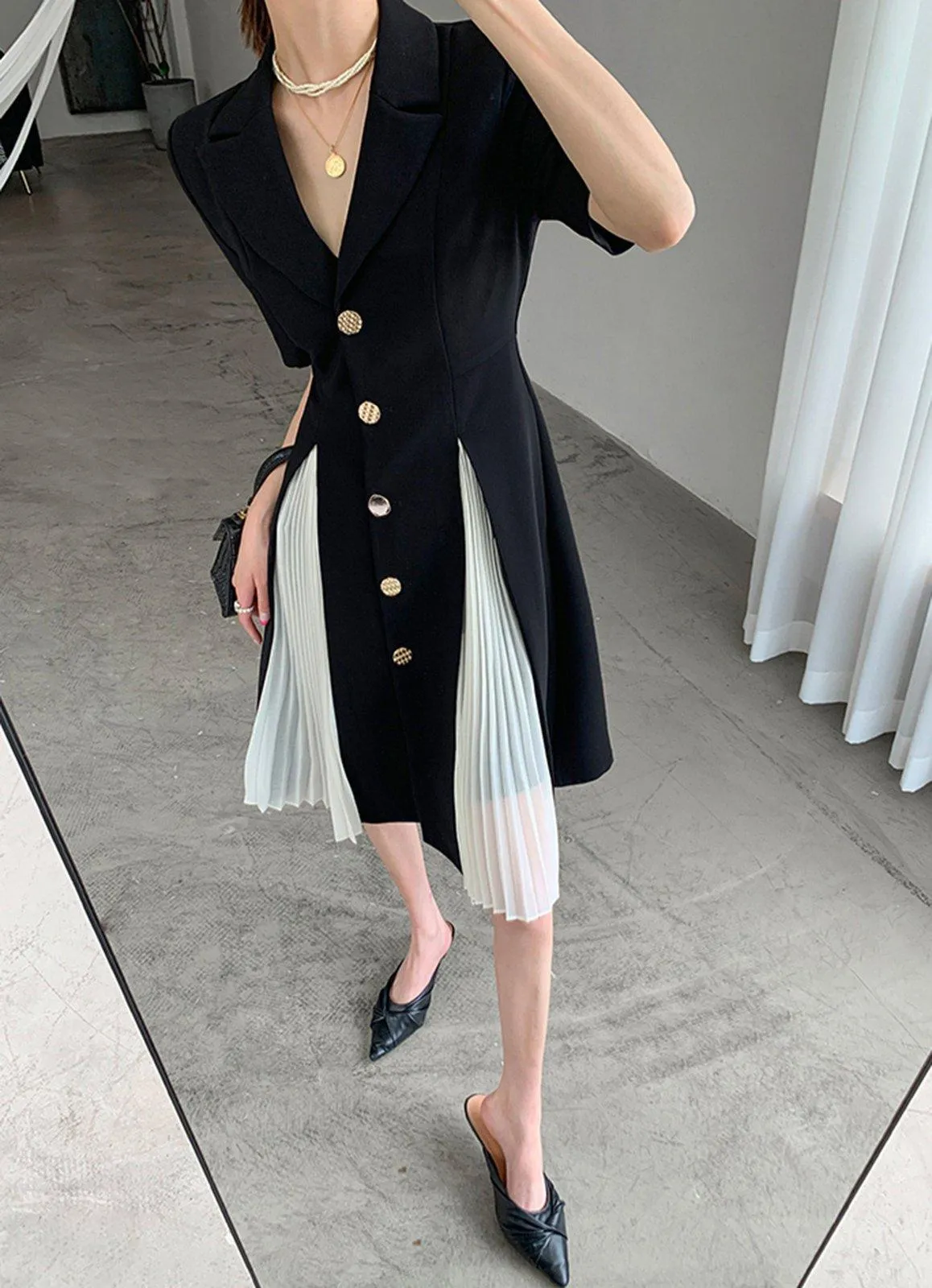 Black Button Notched Collar Jacket Dress