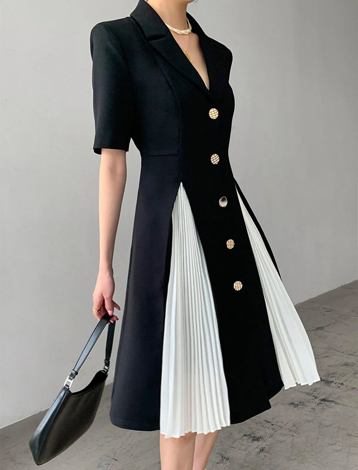 Black Button Notched Collar Jacket Dress