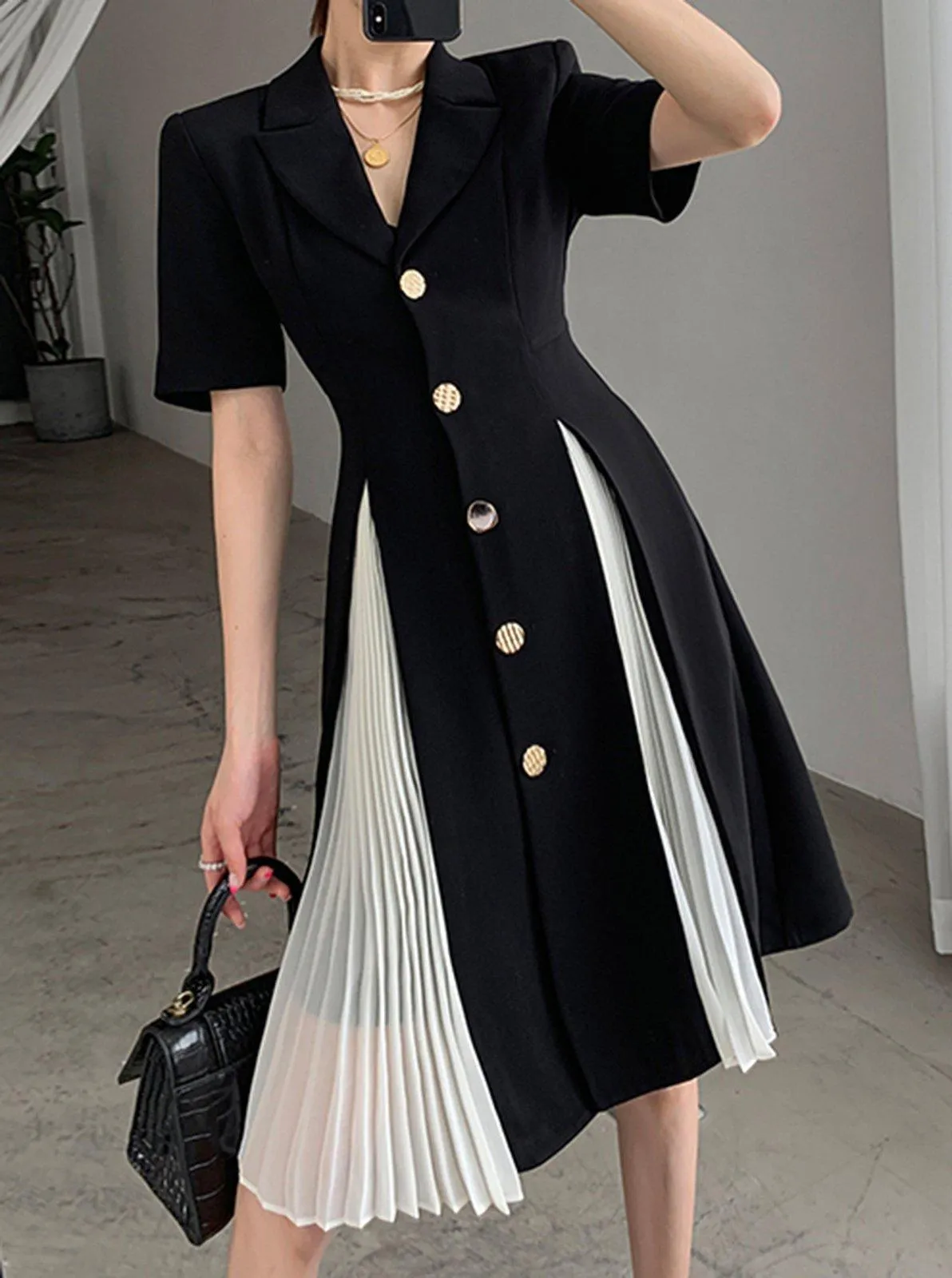 Black Button Notched Collar Jacket Dress