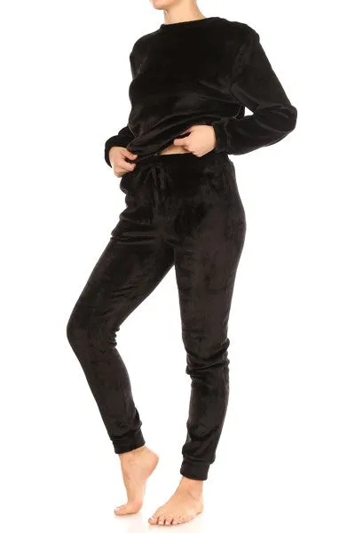 Black Thick Fur Fuzzy Plush Lounge Pajama Set Pants and Shirt