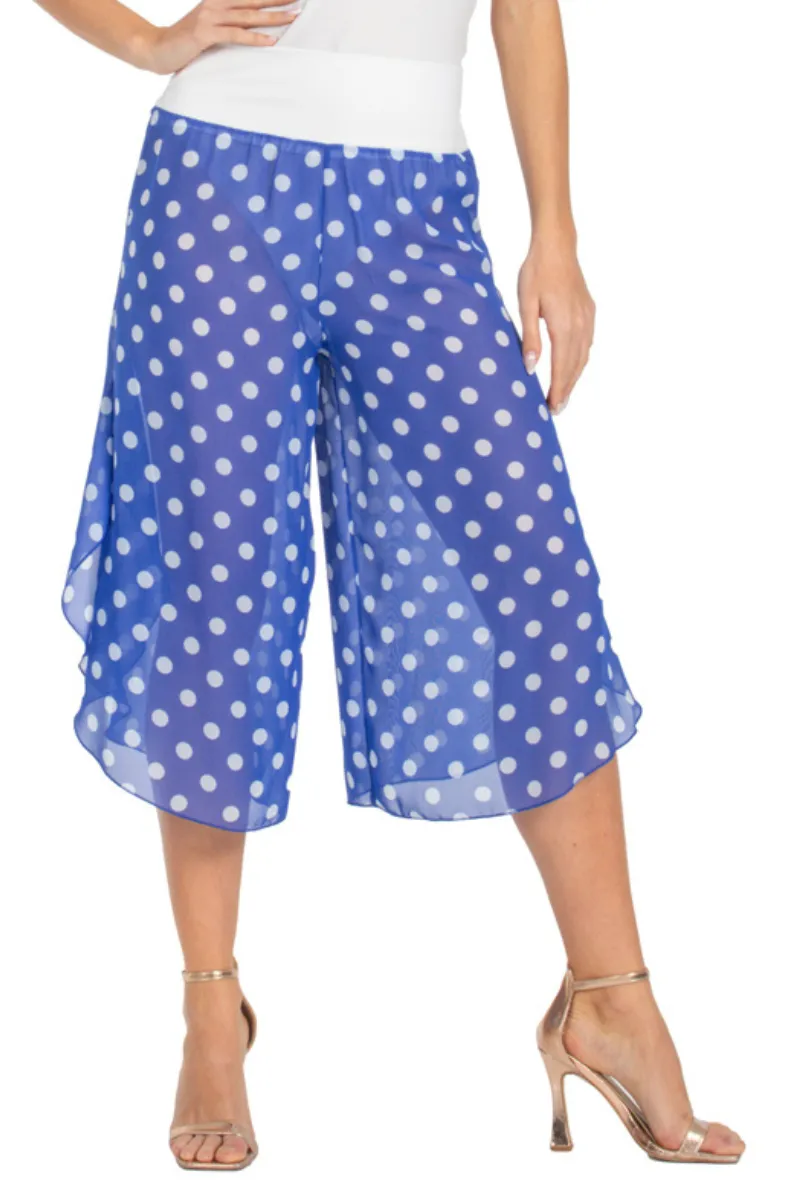 Blue & White Polka-Dot Mesh Georgette Capri Pants