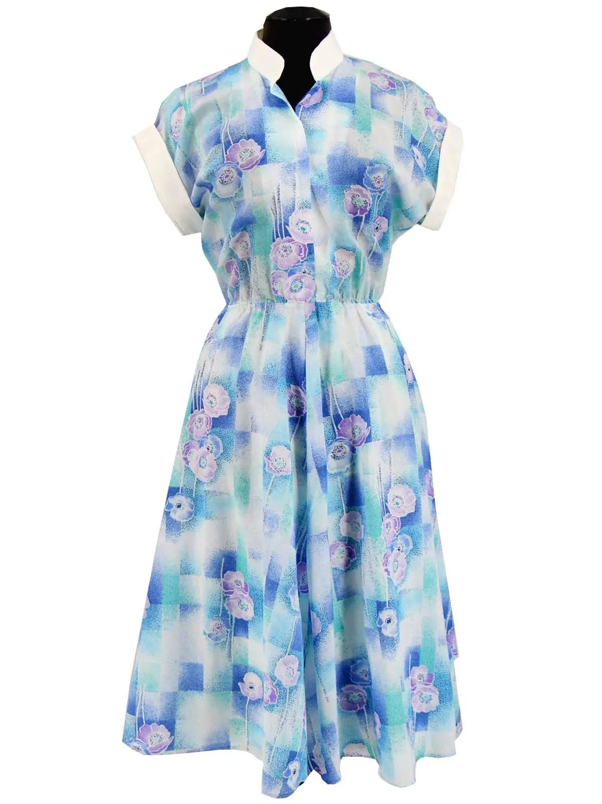 Blue Floral Stand Collar Vintage Dress