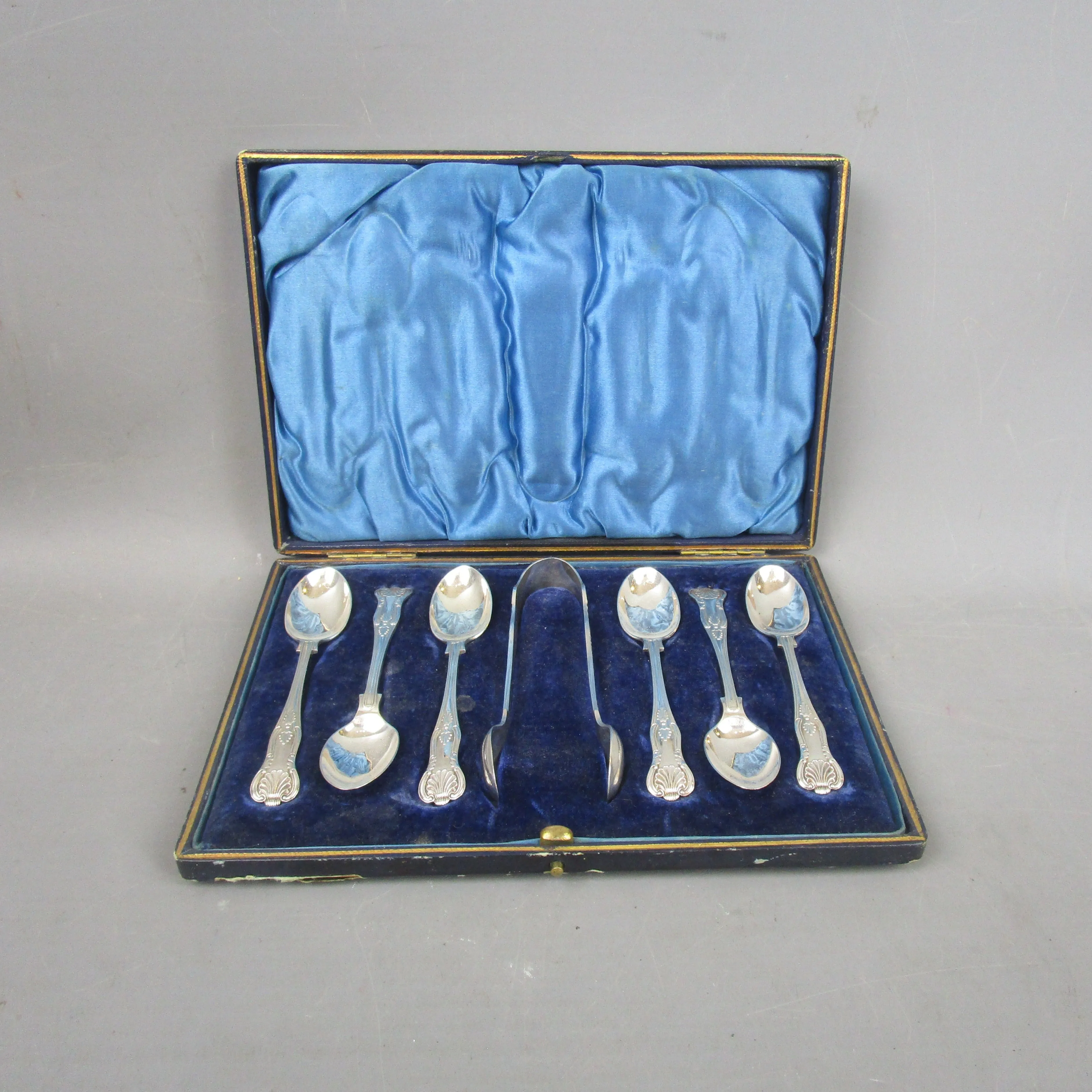 Boxed Sterling Silver Kings Pattern Spoons & Tongs Antique Edwardian 1901