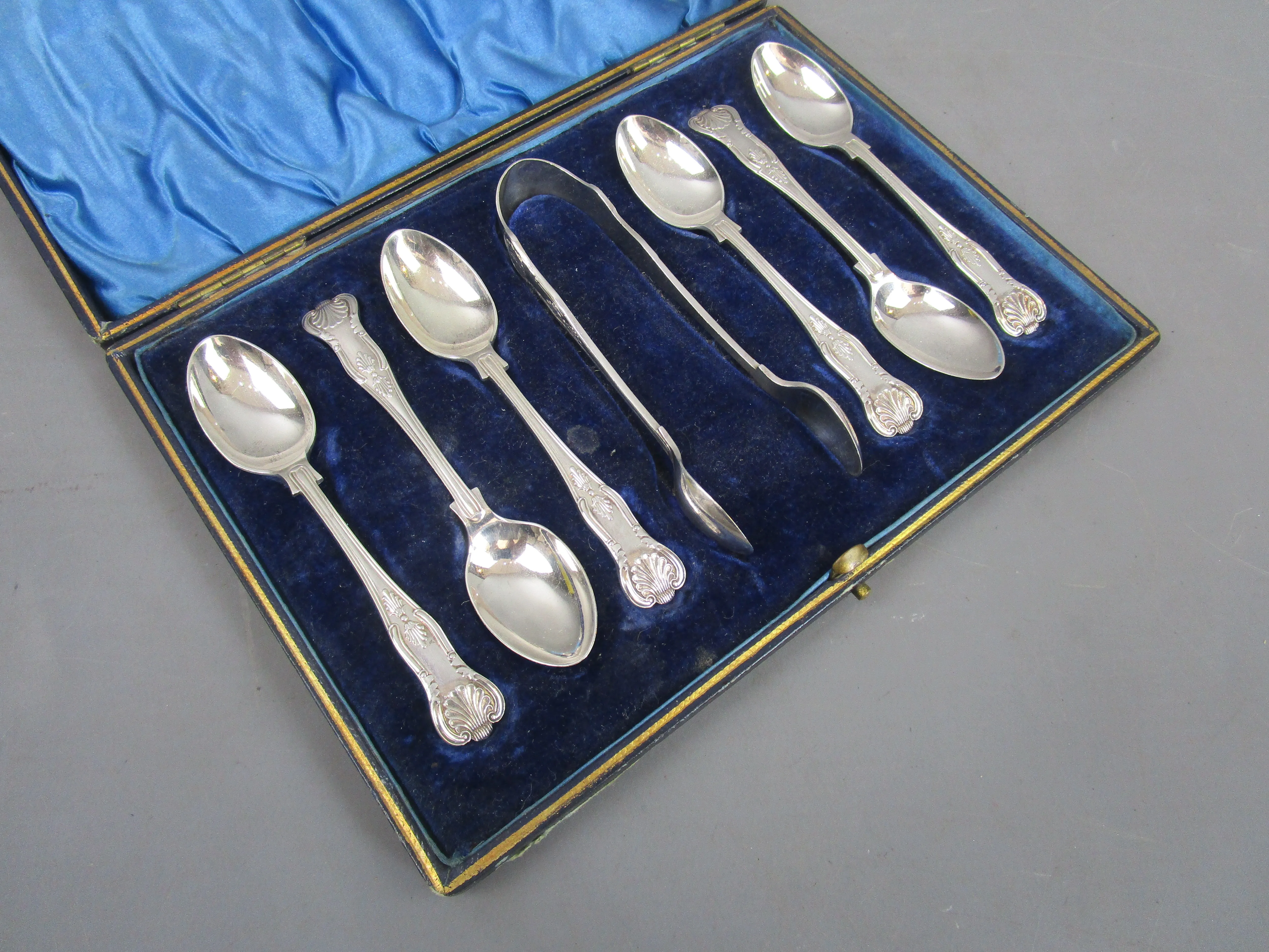 Boxed Sterling Silver Kings Pattern Spoons & Tongs Antique Edwardian 1901