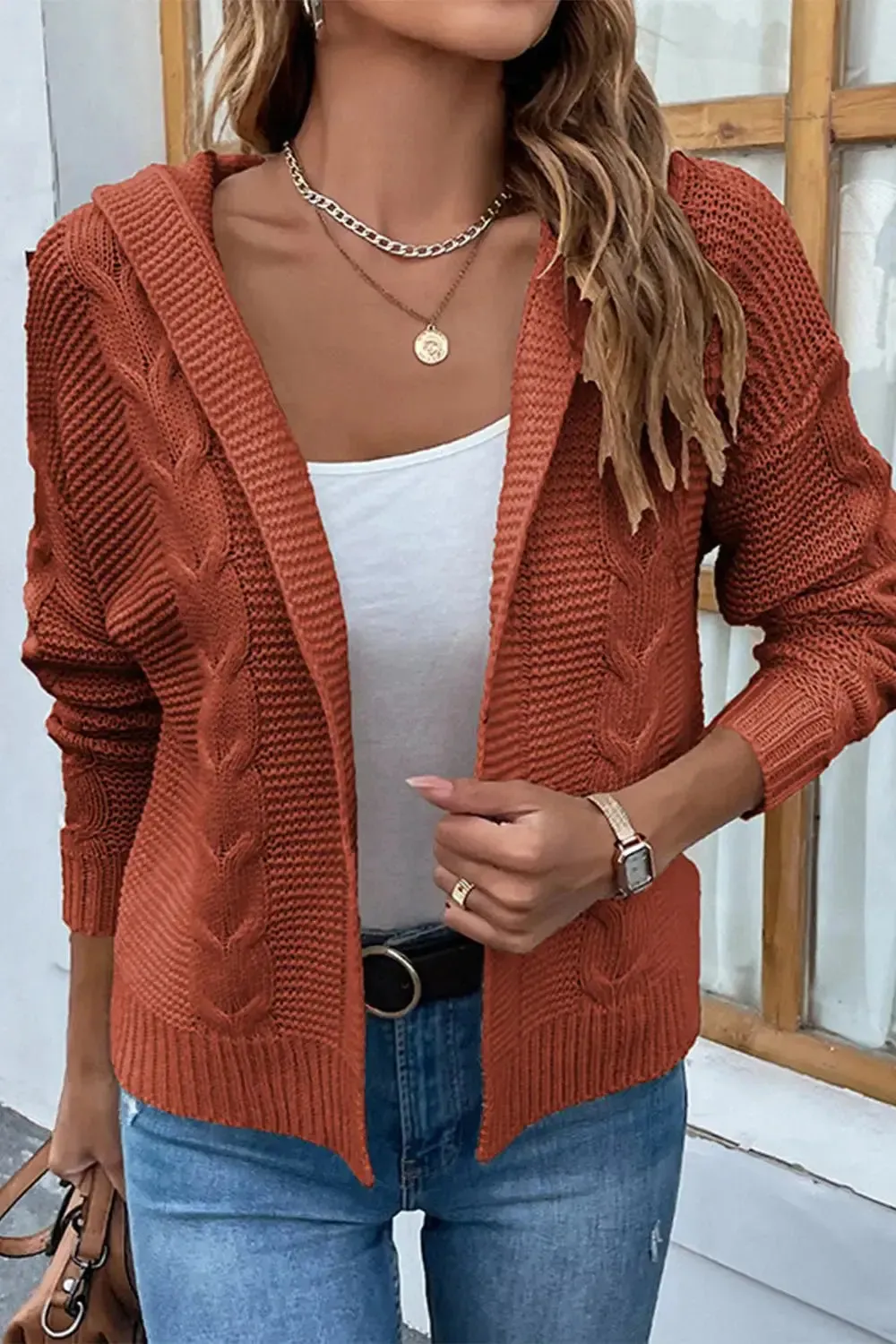 Cable-Knit Dropped Shoulder Hooded Cardigan sweater