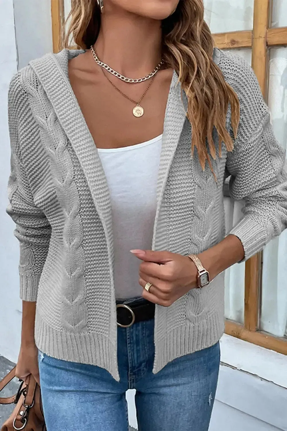 Cable-Knit Dropped Shoulder Hooded Cardigan sweater