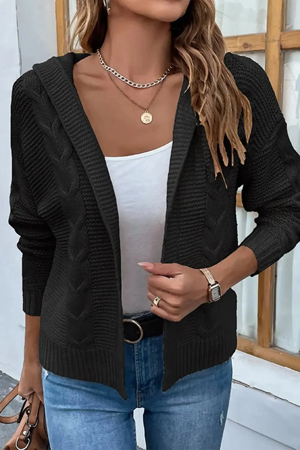 Cable-Knit Dropped Shoulder Hooded Cardigan sweater