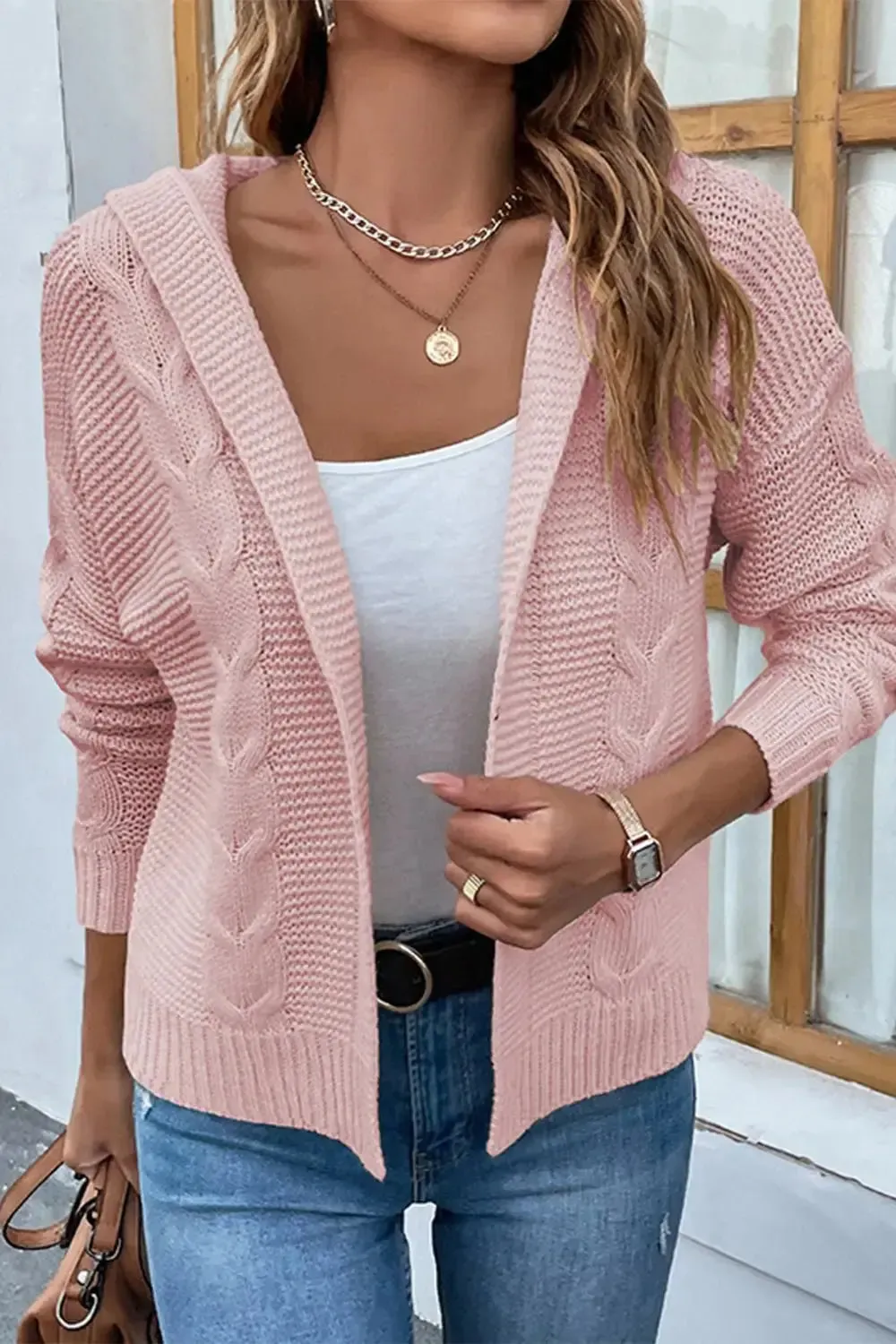 Cable-Knit Dropped Shoulder Hooded Cardigan sweater