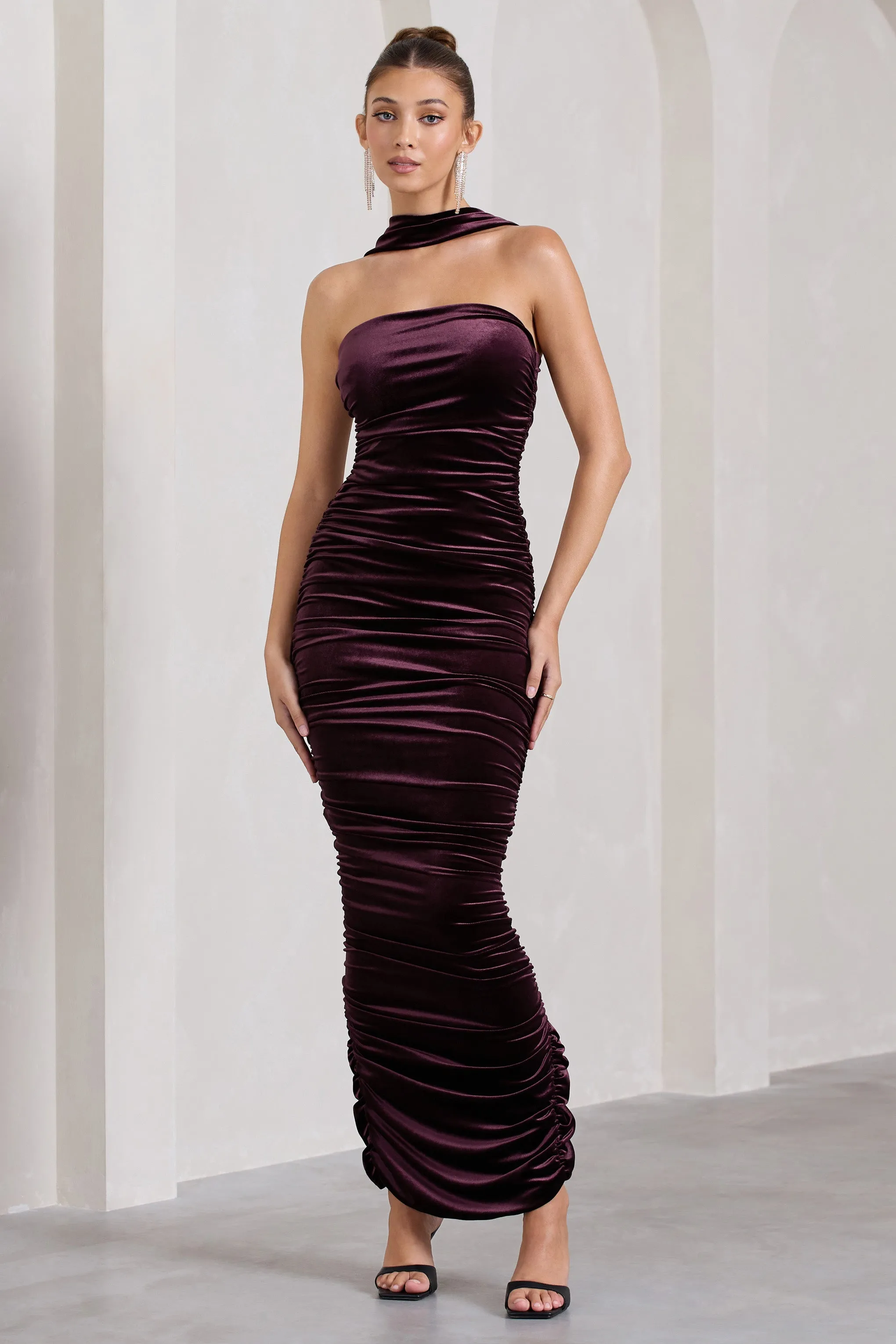 Cayenne | Dark Purple Velvet Halter-Neck Bandeau Maxi Dress