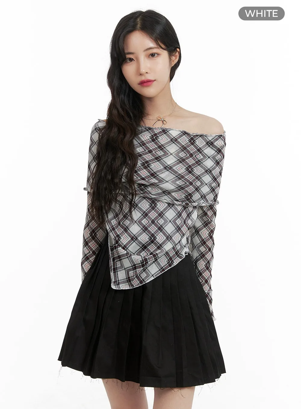 Checked Off-Shoulder Top OM422