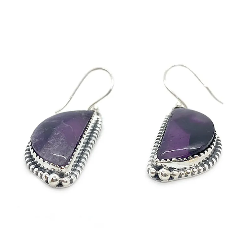 Chevron Amethyst Gemstone Silver Earrings