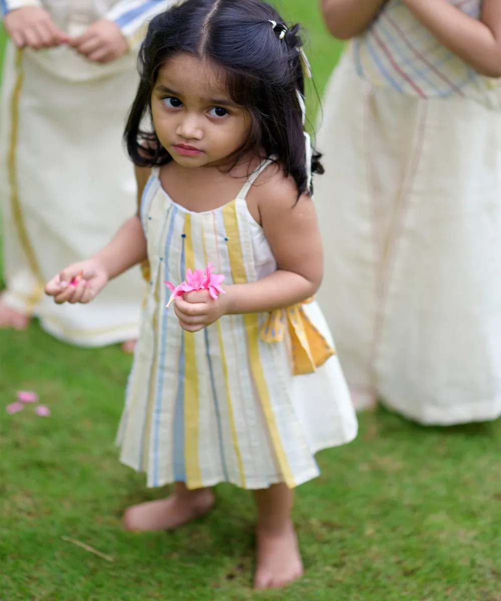 Cream hand embroidered cotton striped dress