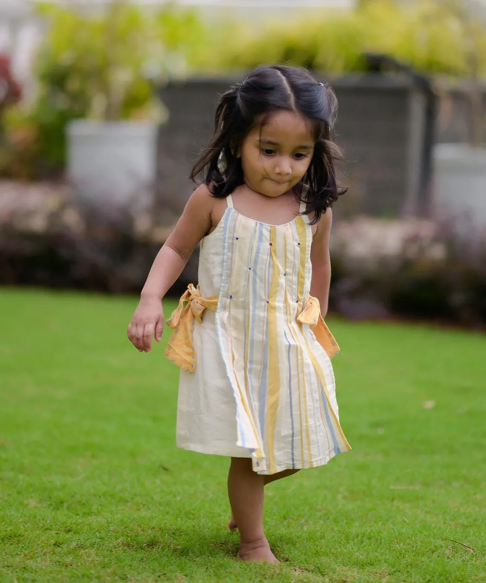 Cream hand embroidered cotton striped dress