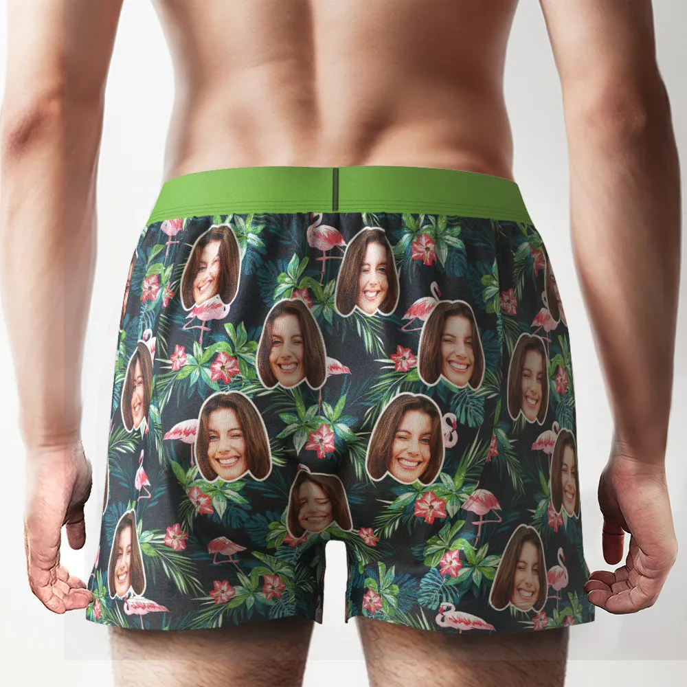 Custom Face Colorful Flamingo Boxer Shorts Personalized Waistband Casual Underwear for Him