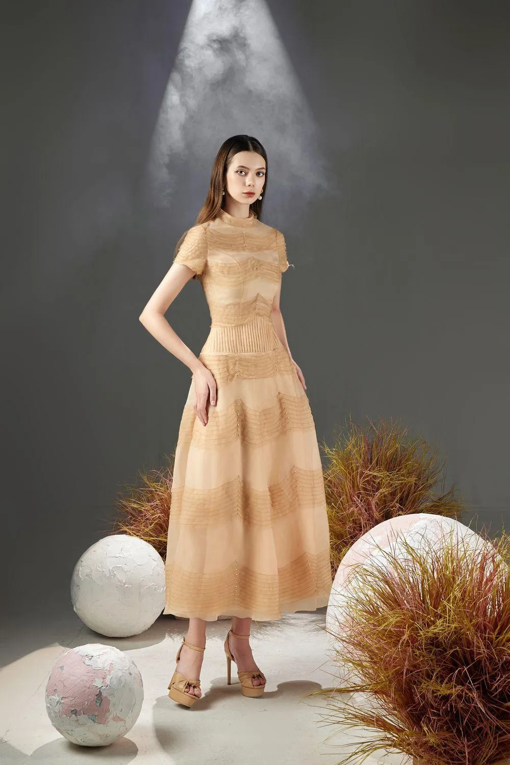 Davie A-line Waist Pleated Organza Midi Dress