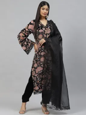 Divena Black Burn out Velvet Kurta Harem Pant with Organza Dupatta