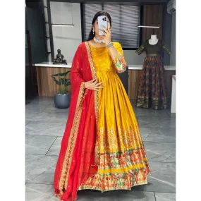 Ethnic Women's Dola Silk Gown Dupatta Suit