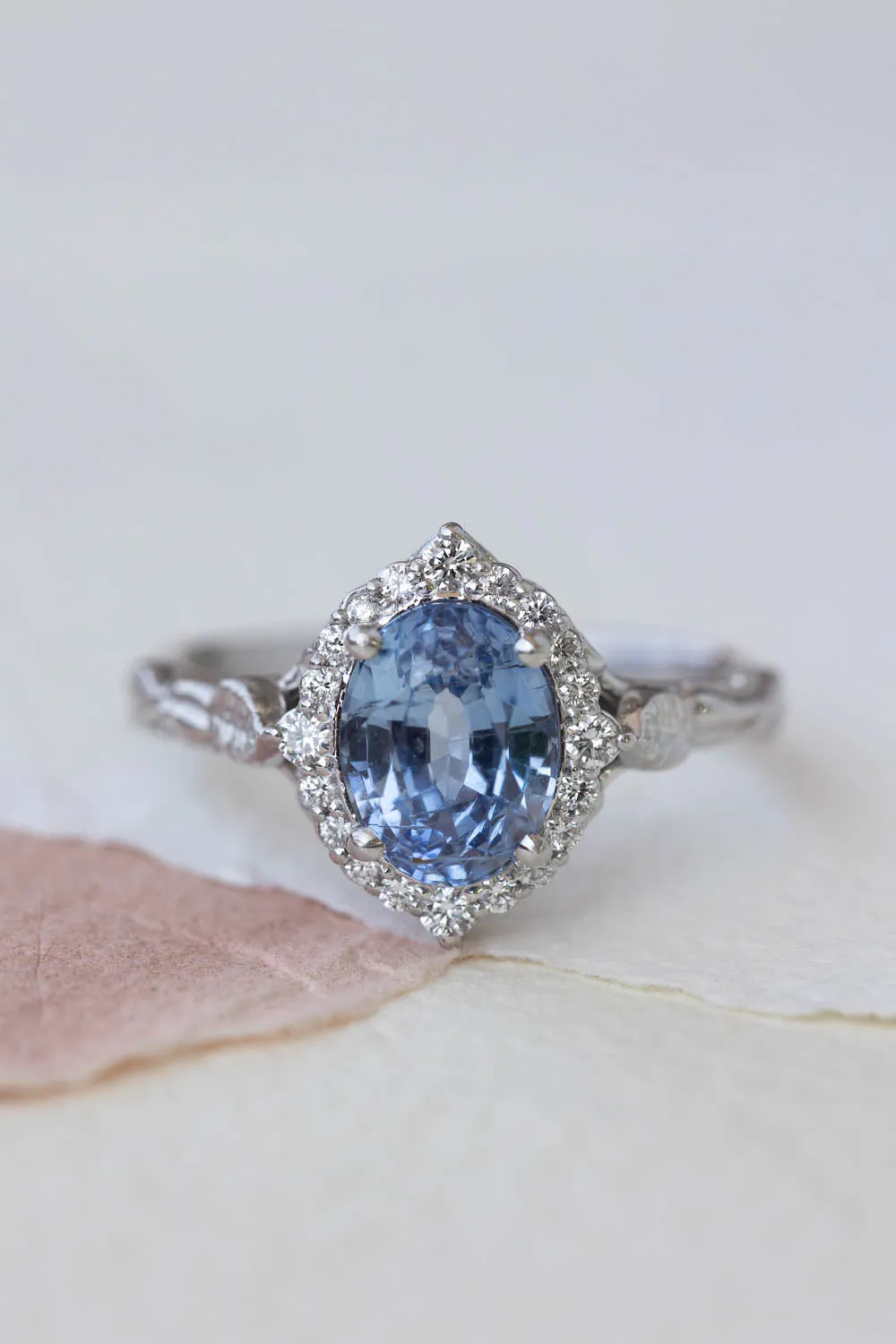 Genuine light blue sapphire bridal ring set, diamond halo nature inspired engagement ring set / Florentina