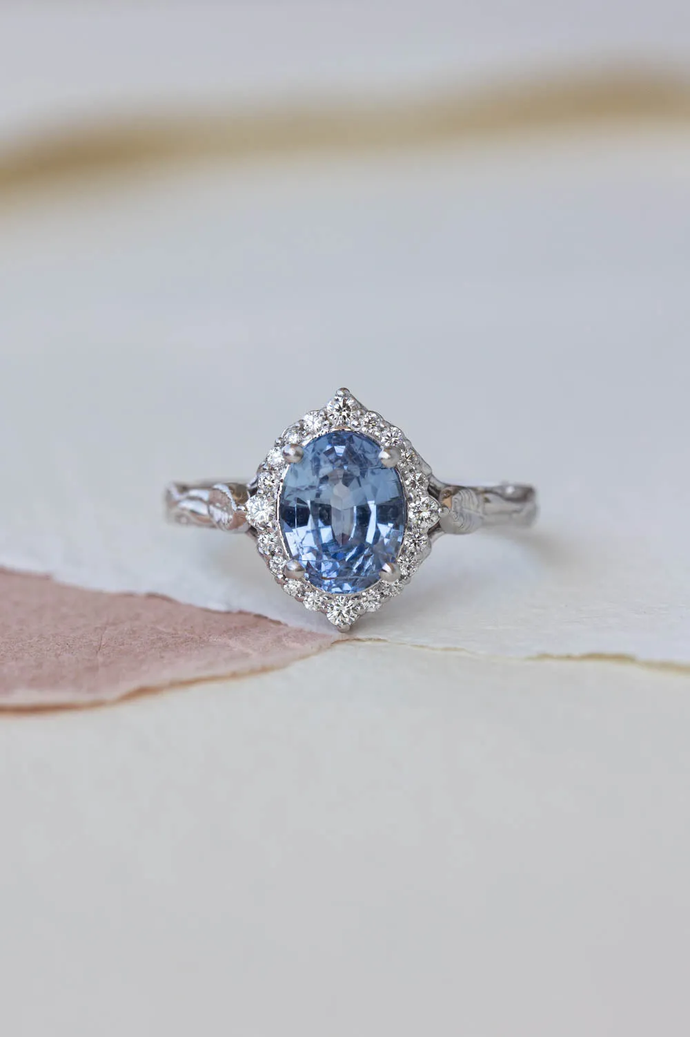 Genuine light blue sapphire bridal ring set, diamond halo nature inspired engagement ring set / Florentina