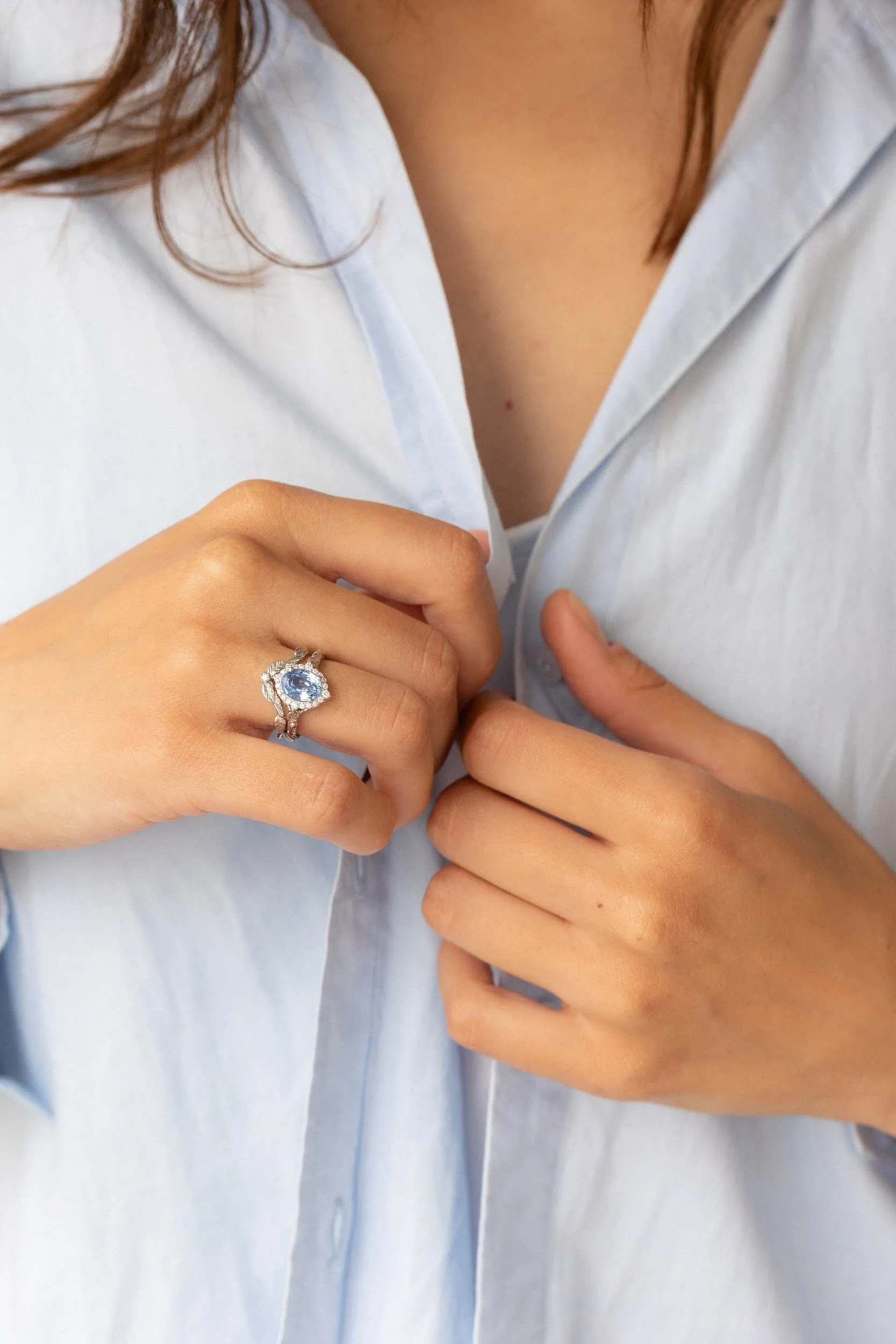 Genuine light blue sapphire bridal ring set, diamond halo nature inspired engagement ring set / Florentina