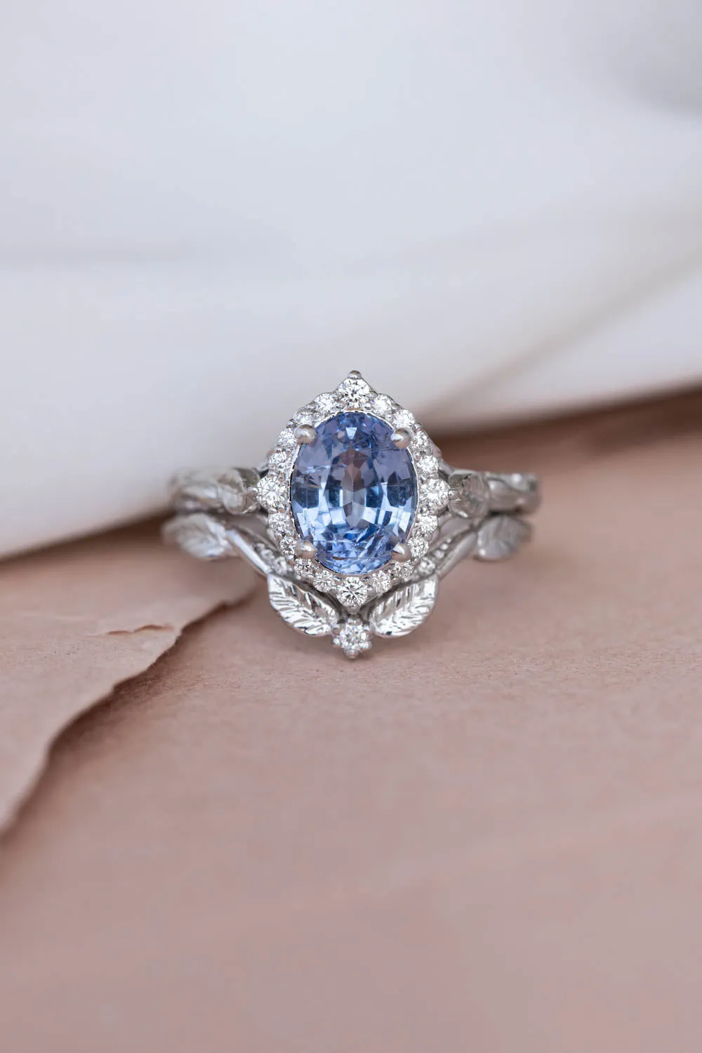 Genuine light blue sapphire bridal ring set, diamond halo nature inspired engagement ring set / Florentina