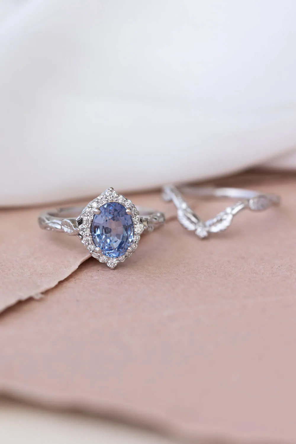 Genuine light blue sapphire bridal ring set, diamond halo nature inspired engagement ring set / Florentina